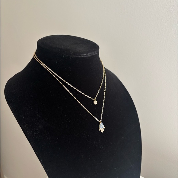 Gold Double-Layer Hamsa Pendant Necklace with Blue Accent - Picture 4 of 6